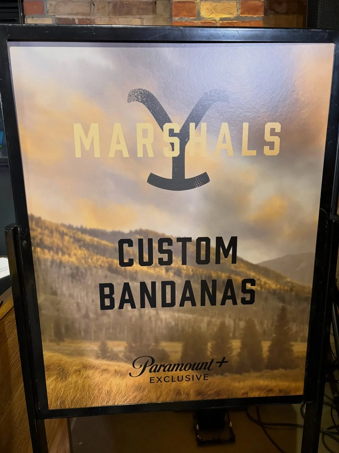“Custom Bandanas” sign for Marshals on Paramount+