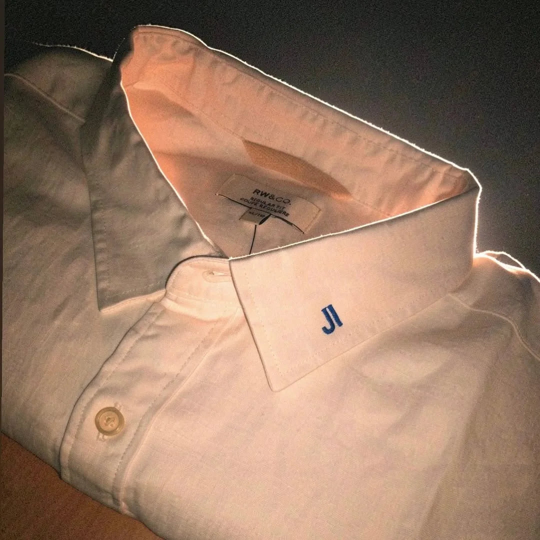 Embroidered initials on an RW&CO linen top