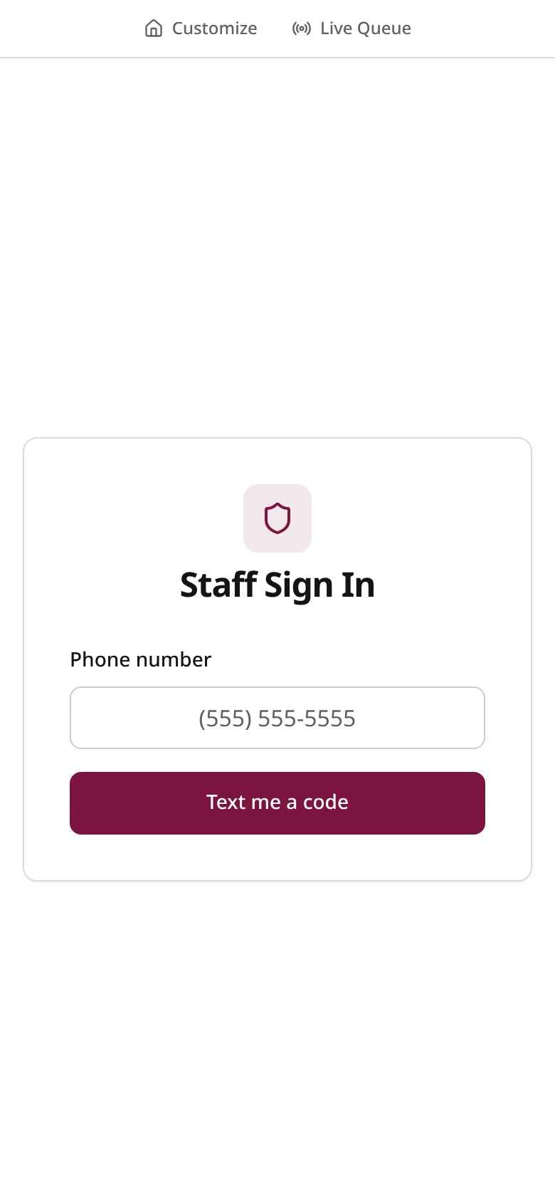 The staff sign-in screen on Skip This Line, shown on a phone