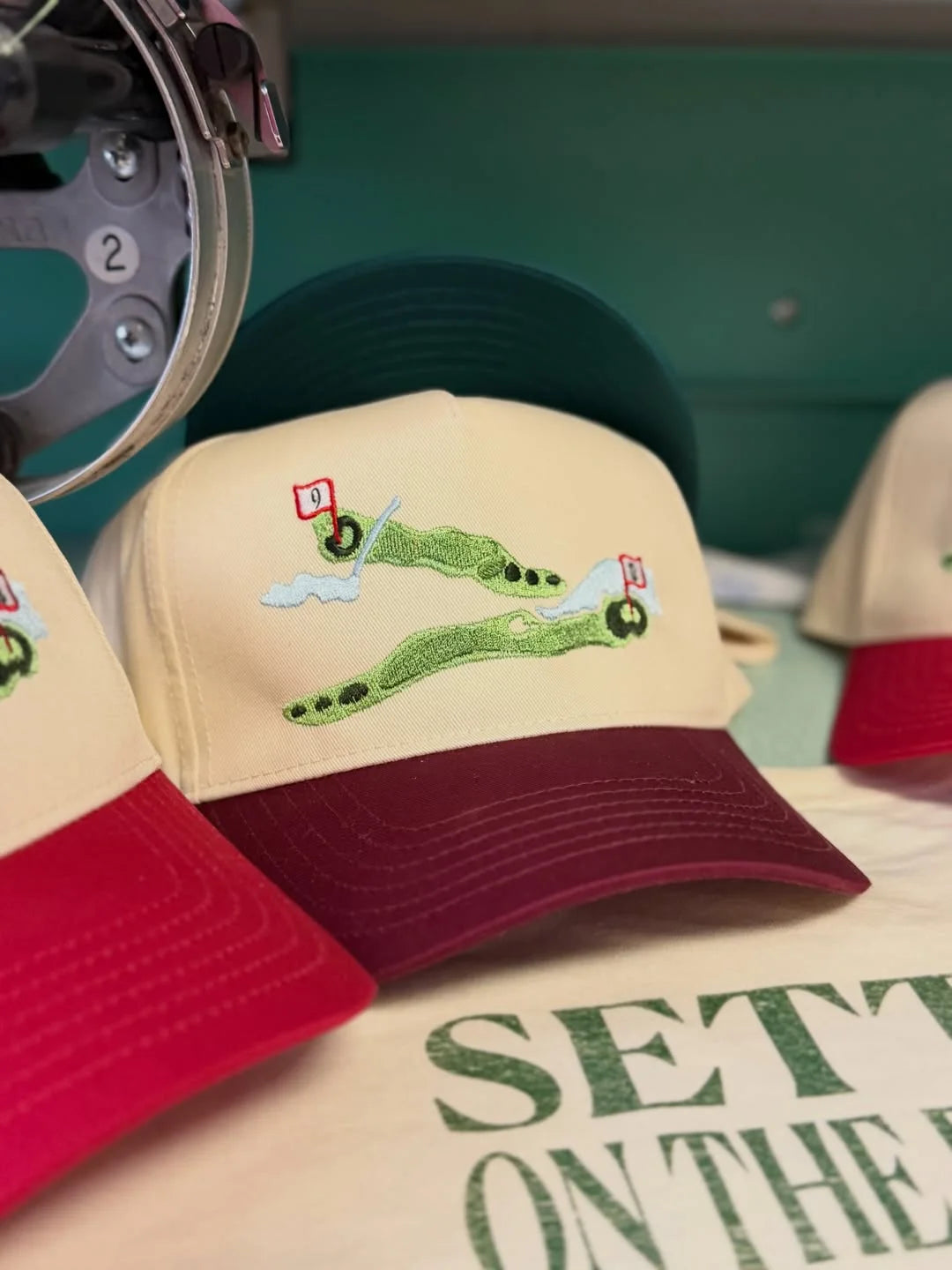 Matching caps lined up