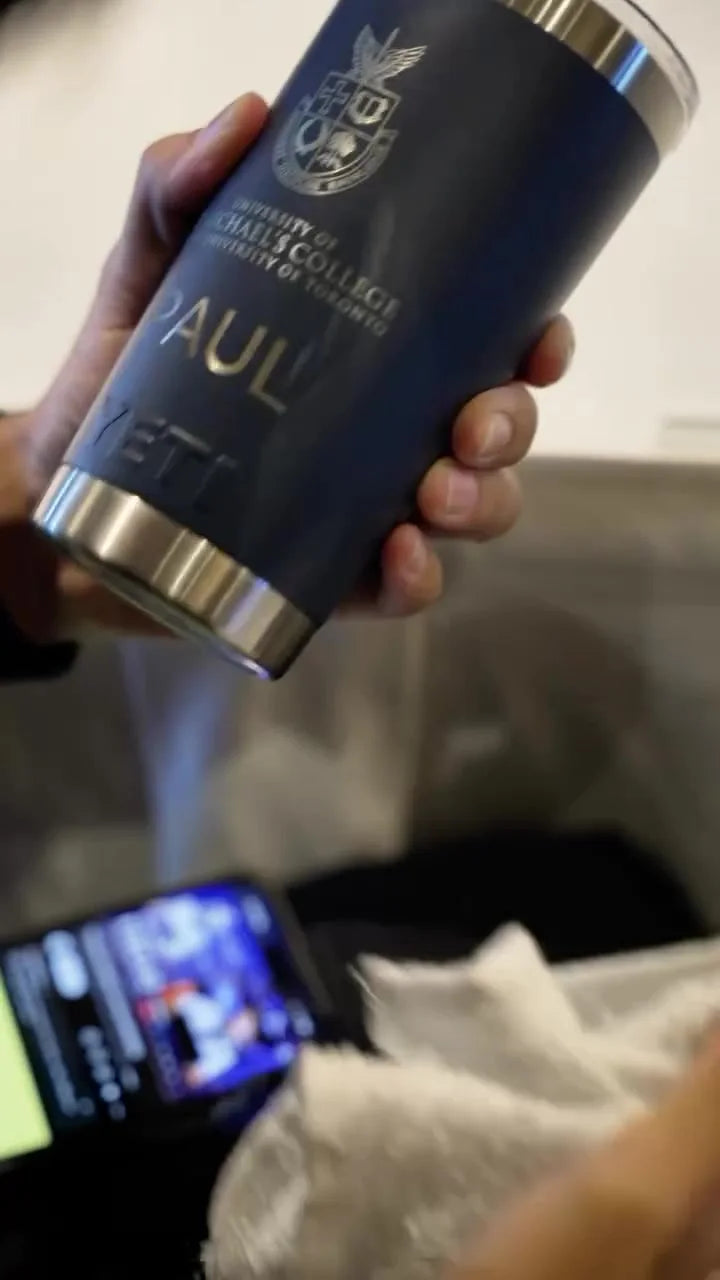 A freshly engraved YETI tumbler in hand