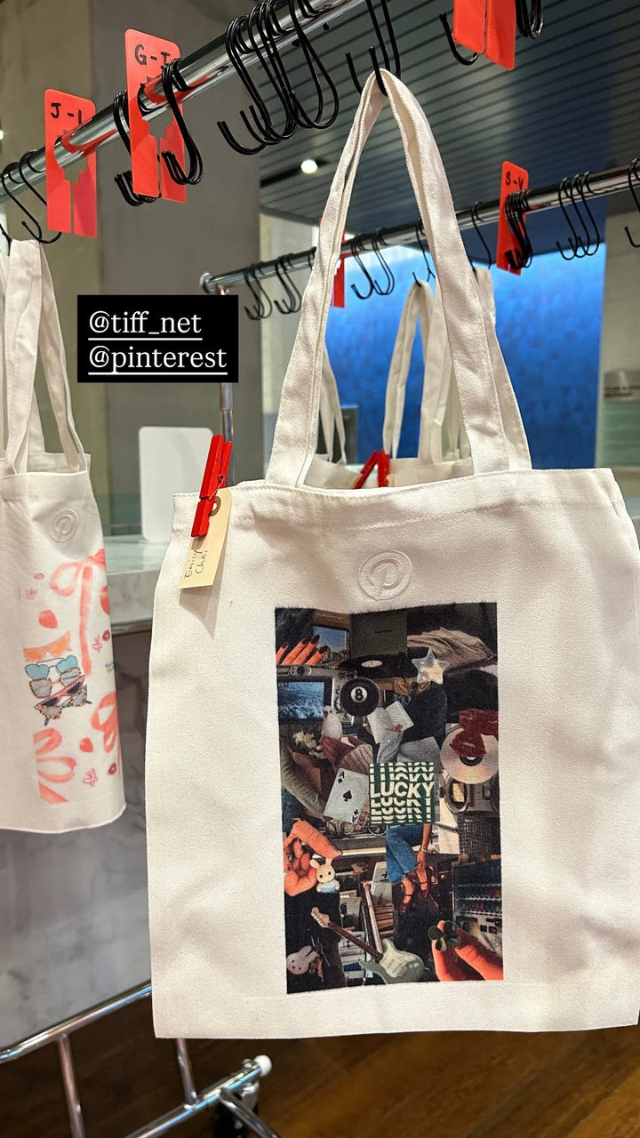 A finished collage-printed tote from a film festival activation