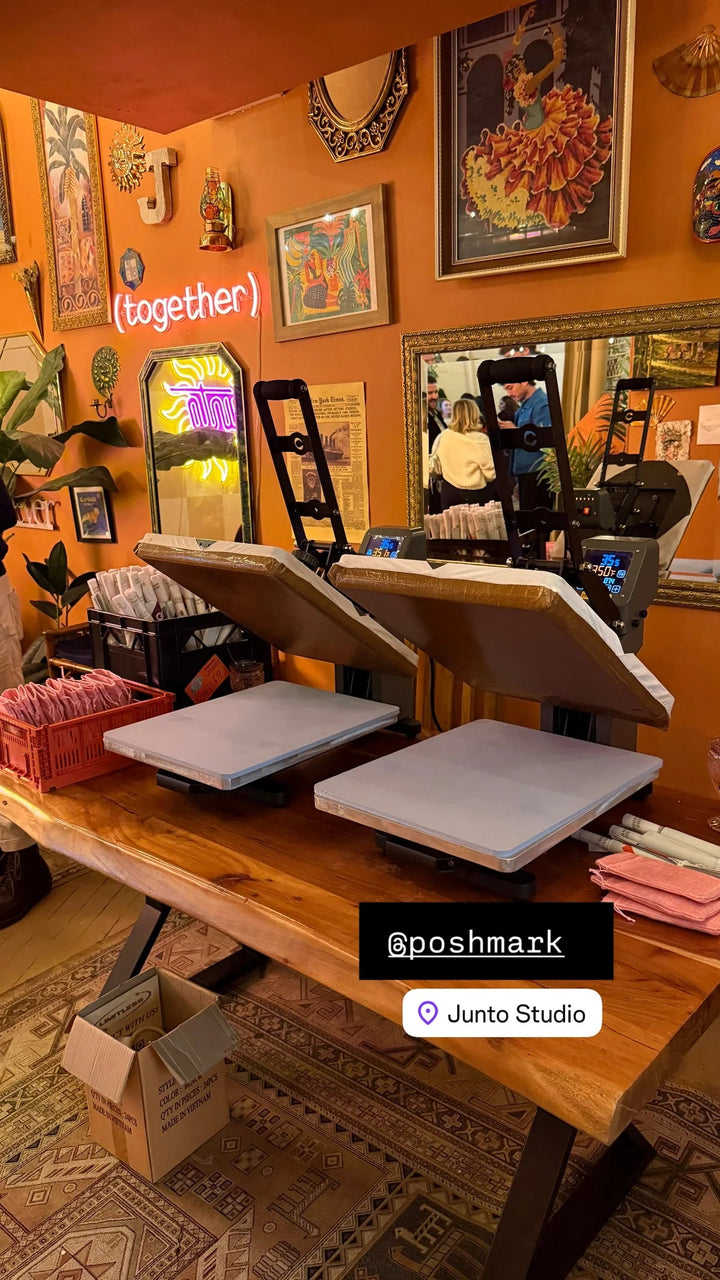 Heat presses set up for a denim tote patch bar