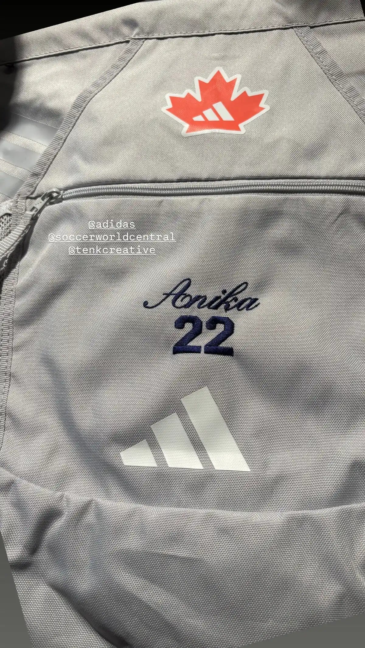 Name and number embroidery on an adidas backpack.