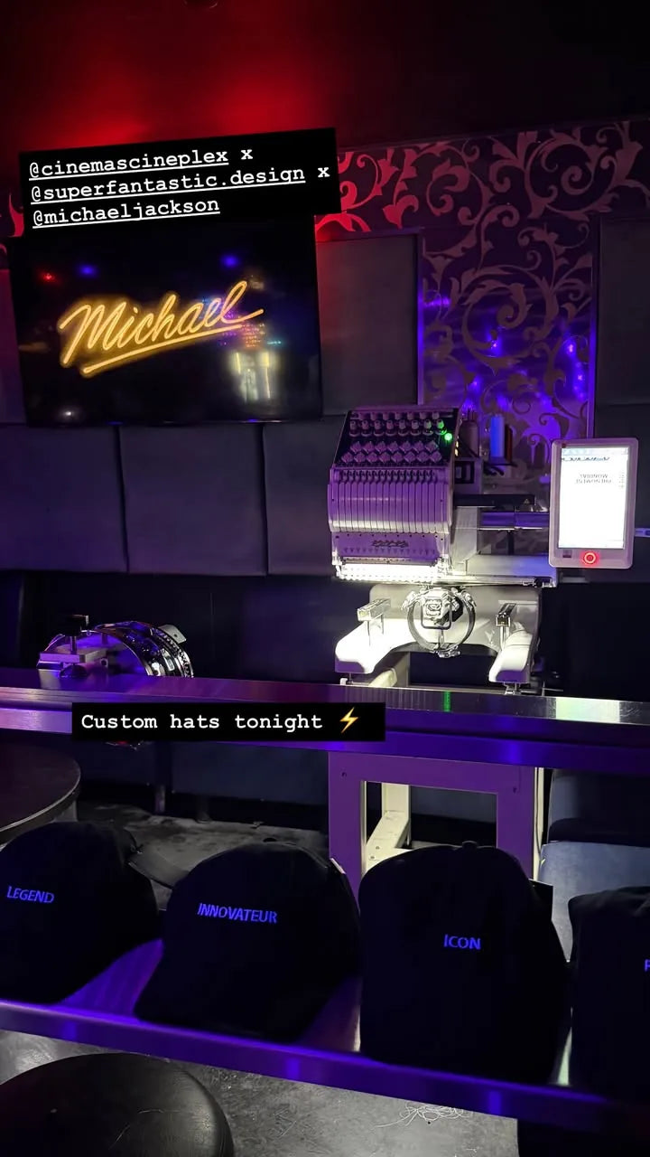 The embroidery station and caps at the Michael prescreening.