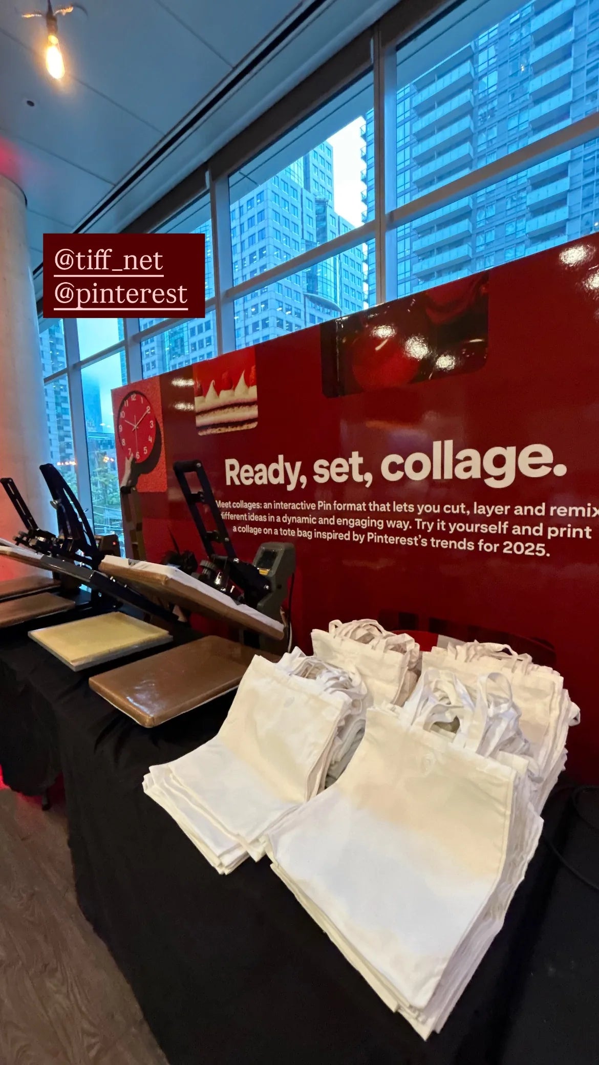 Heat presses, blank tote bags and the Pinterest collage sign at the event.