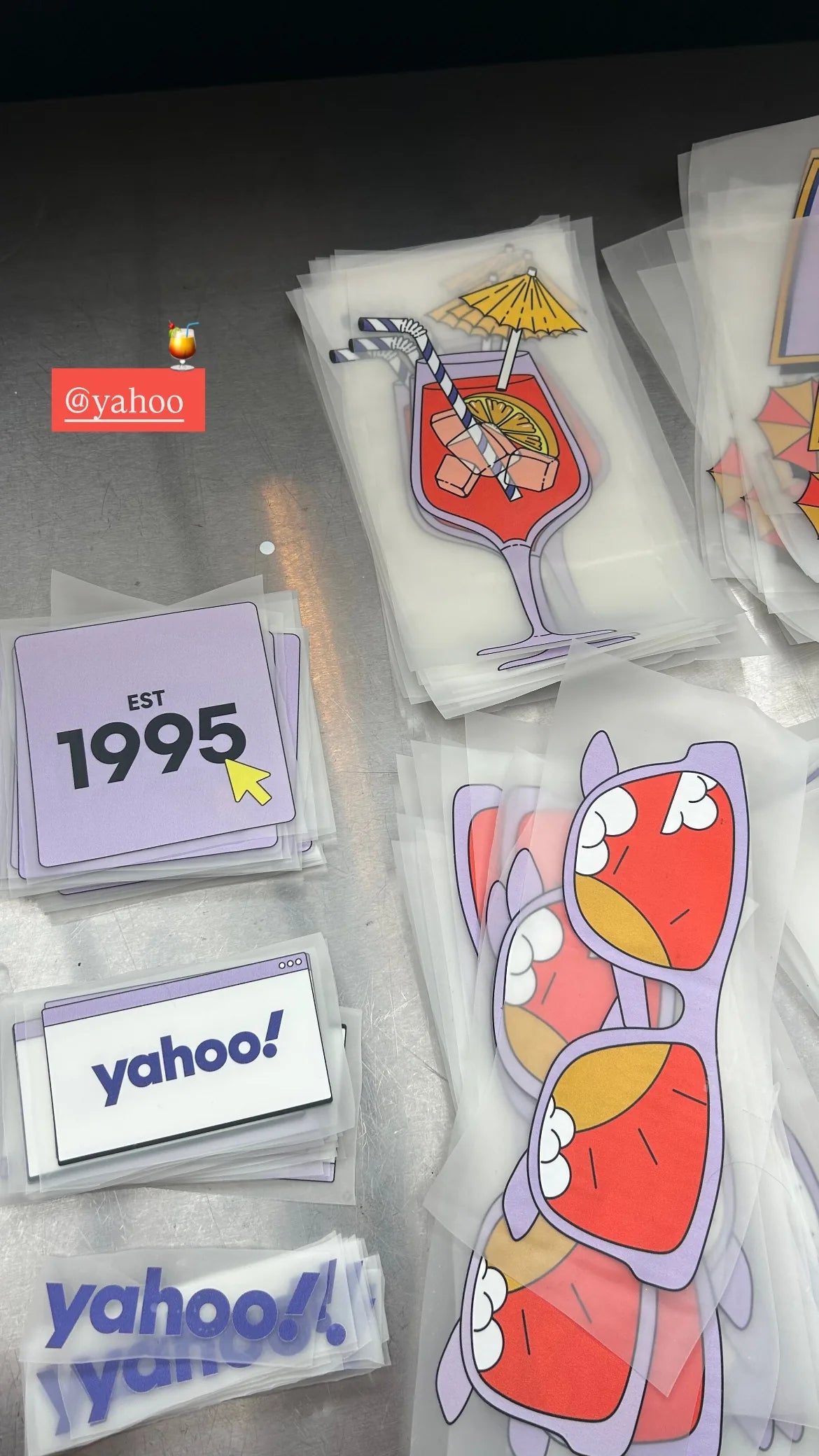 Yahoo anniversary artwork and colourful cocktail graphics prepared for apparel printing.