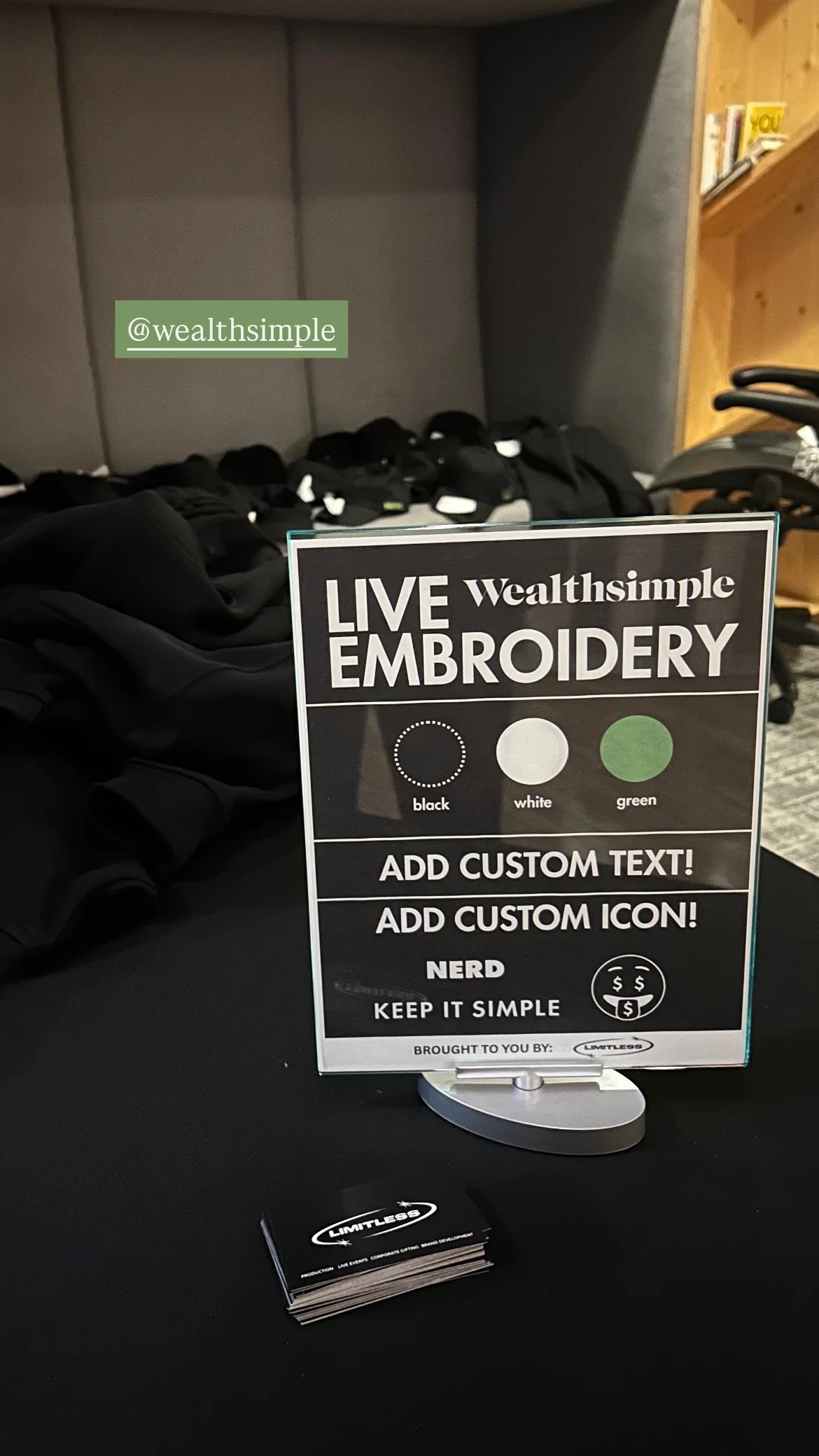 The Wealthsimple live-embroidery menu with thread, text and icon choices.